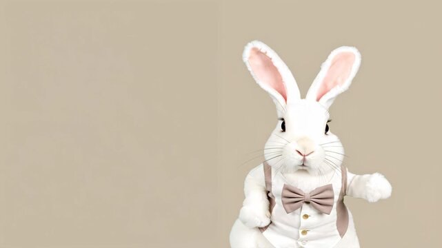 White easter bunny wearing bow tie on neutral background, elegant spring holiday concept for greeting card with copy space for text