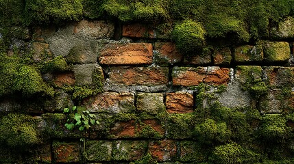 Textured Old Brick Wall with Lush Moss Growth / 豊かな苔が生えた質感のある古いレンガ壁