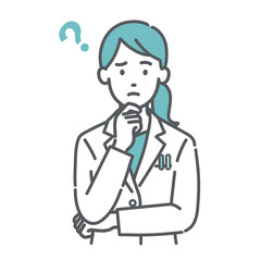 疑問を持つ女性医師・薬剤師のイラスト（困り顔・ハテナマーク）