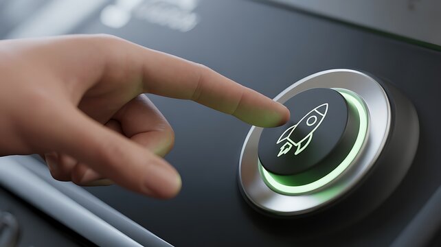 Close-up of hand pressing launch button, rocket icon, glowing green light, modern technology interface