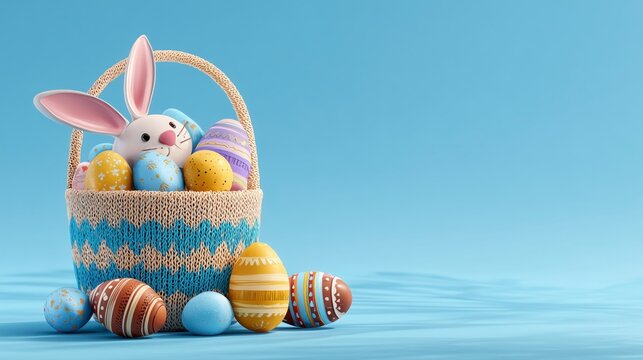 Huevos y conejo de pascua en una cesta sobre fondo azul