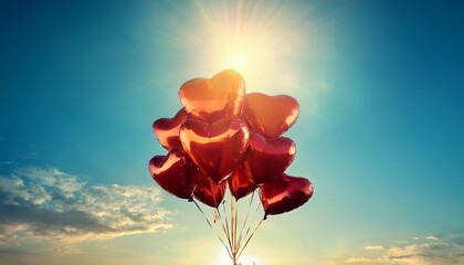 Fototapeta premium Festive heart shaped balloons for valentine's day against sunlight