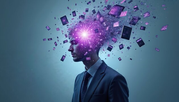 Man head exploding with digital data, screens, and light bursts. Information overload concept with technology elements flying outwards from brain. Future tech, cybernetic mind.