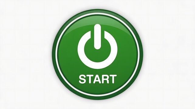 A vibrant green button with a white power symbol and the word start beneath it.