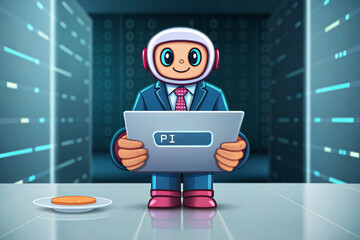 A cartoon character of a scientist. A scene with code all around him. He is holding a laptop. A design for World Pi Day