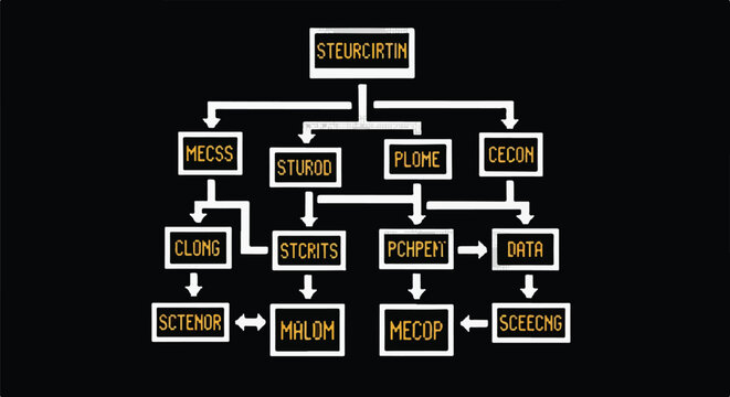Abstract digital flowchart displaying a complex hierarchical system with interconnected data nodes on a dark background, representing organization and information flow.
