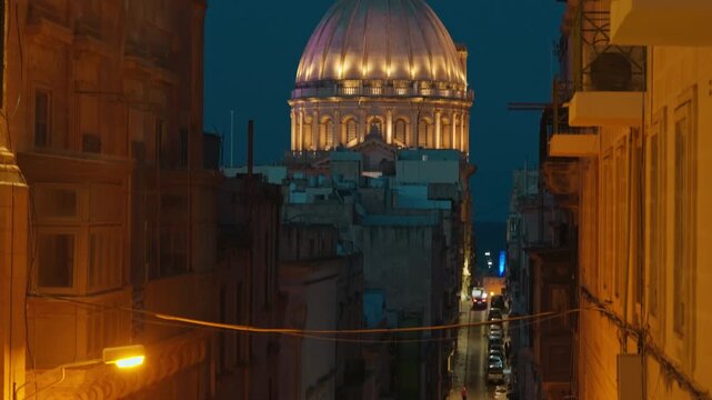 Incredible view of the old town of Valletta at night with incredible illumination and night lights, Malta