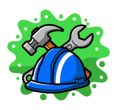 Construction tools and hard hat for industrial and safety concepts