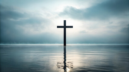 Cross rising from the water, surrounded by light blue mist, peaceful scene, good friday concept