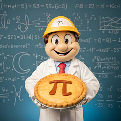 Funny Pi Day math teacher cartoon illustration, math class board for classroom, learning design, pi symbol in hand,  mascot pi character