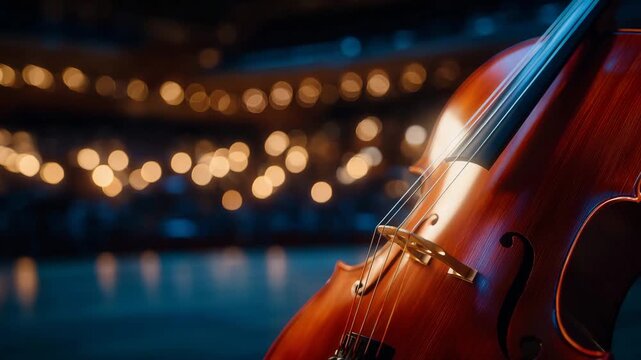 8Close-up of a cello fingerboard and strings, deep wood tones and string tension visible, soft lighting creating a rich orchestral atmosphere