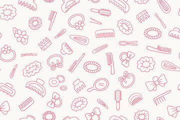 Naklejka premium Seamless vector illustration with various hair accessories such as bows, hairpins and combs in doodle style on a white background.