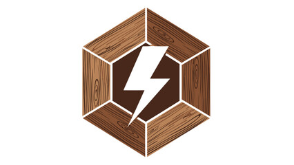 Obraz premium Hexagonal logo with wood grain panels surrounding a brown hexagon and white lightning bolt