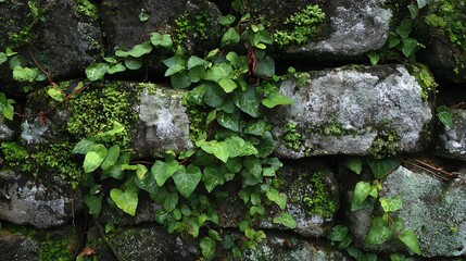 Old Stone Wall Covered with Green Moss and Ivy / 緑の苔とツタに覆われた古い石壁