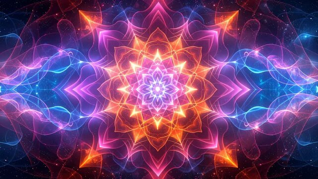 Colorful mandala shape glowing cosmic fractal energy.