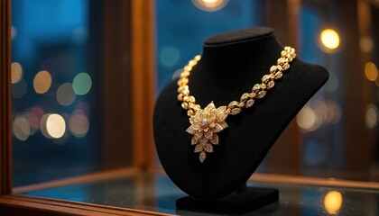 Naklejka na ściany i meble Gold necklace with diamonds displayed on black stand inside shop. Expensive jewelry accessory shines with gems and ornate design. Luxury item in store window.