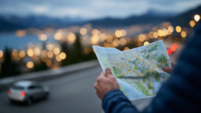 59Hands holding map with blurred city background, urban exploration concept