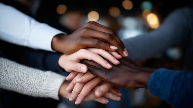 69Close-up of diverse hands joined together, unity and inclusion concept