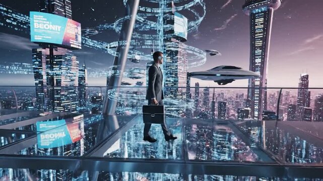 Man in suit walking on a glass platform overlooking a futuristic city skyline