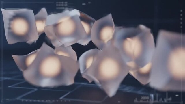 Glowing white papers floating in dark futuristic space with grid background