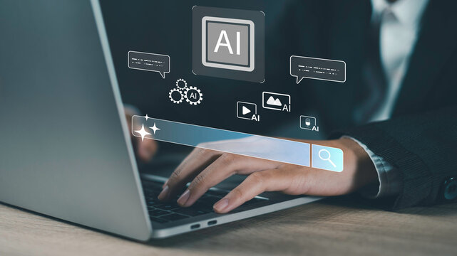 Typing on laptop with floating AI icons and search bar generative AI technology used for multimedia content creation, automation, and smart virtual assistant tools by a user.