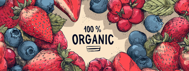100% Organic banner for natural food market fruit and sportlifestyle fitness  © AI PIC