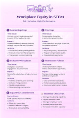 Fototapeta premium Workplace equity in STEM infographic on leadership gap, pay gap, inclusive workplaces, promotion policies and equal pay actions for women in tech