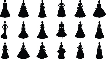 Vector, black, silhouette, illustration, set, of, elegant, women, in, long, evening, gowns, and, vintage, dresses, for, wedding, prom, fashion, and, formal, design, elements © Abida