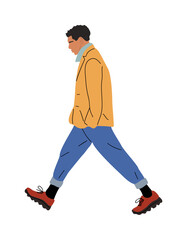 Naklejka premium Modern flat vector illustration of a man walking in profile view, wearing an orange jacket, blue trousers, and red shoes. Clean minimalist design isolated on transparent background.