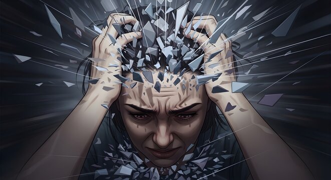 A person's head is exploding with fragments as they grasp their head in distress, captured directly from the front.