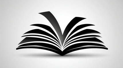 Stylized open book icon in black and white