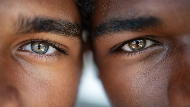 103Minimalist close-up of two men&rsquo;s eyes arranged symmetrically, contrasting skin tones and brow shapes, neutral gaze, bright white background emphasizing diversity and shared identit