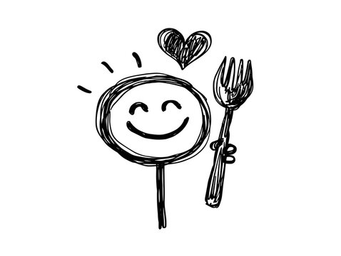 hungry funny cartoon character with fork wait to dinner , breakfast , food