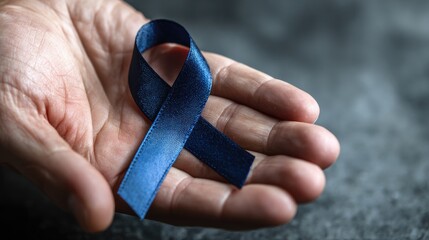 male hand hold blue ribbon prostate cancer health care concept