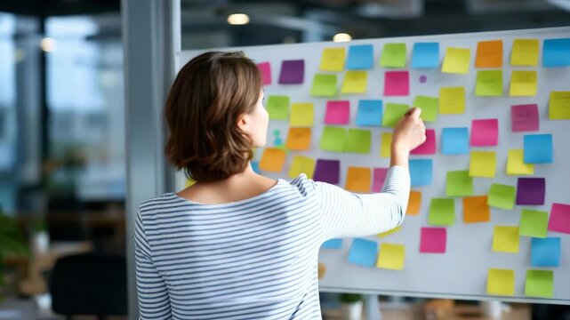 106Back view of a woman studying a whiteboard filled with multicolored sticky notes arranged in logical clusters, strategic planning and project management atmosphere, bright professi