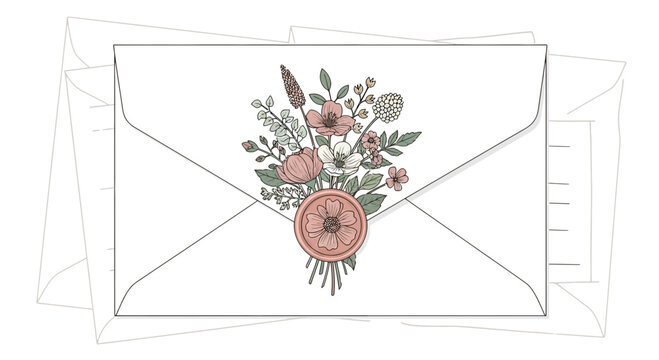 Floral Envelope Design with Botanical Bouquet and Wax Seal