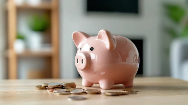 A pink piggy bank placed on a rustic wooden table, surrounded by a scattering of coins, concept of savings and financial management.	
