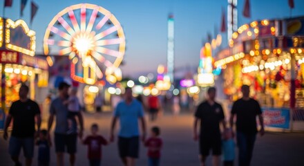 Fototapeta premium Families are walking through the brightly lit carnival midway, captured with a beautiful bokeh effect during the warm blue hour at the county fair.