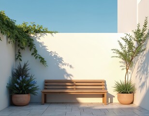 Fototapeta premium Sunlit Mediterranean courtyard with white walls, wooden bench, potted plants and blue sky overhead. Peaceful outdoor relaxation space with shadows.