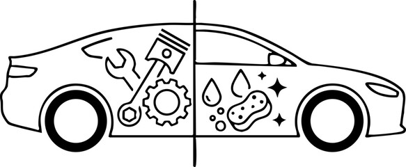 Obraz premium Vehicle Maintenance, Repair, and Washing Service Icon Line Art
