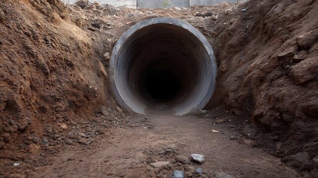 A large round concrete pipe entrance opens into a dark void set deep within a freshly dug earthen trench at a construction site