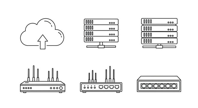 Cloud Computing and Network Hardware Icons: Servers, Routers, Switches, and Cloud Upload