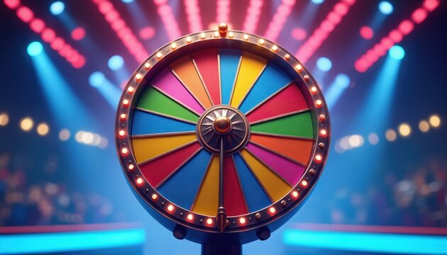 Colorful prize wheel with lights against vibrant backdrop. Game of chance with bright segments ready to spin. Exciting atmosphere for event or party winner selection.