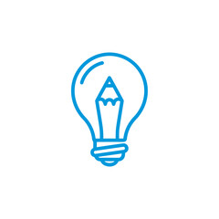 Blue line art illustration featuring a lightbulb and a pencil inside