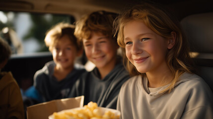 Fototapeta premium Interactive GPS dashboard in a family minivan, showcasing entertainment options and navigation tools to enhance road trips for families. The cozy atmosphere includes playful kids in the backseat,