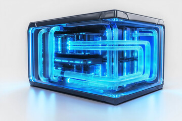 Obraz premium Futuristic blue glowing server with neon lights and sleek design