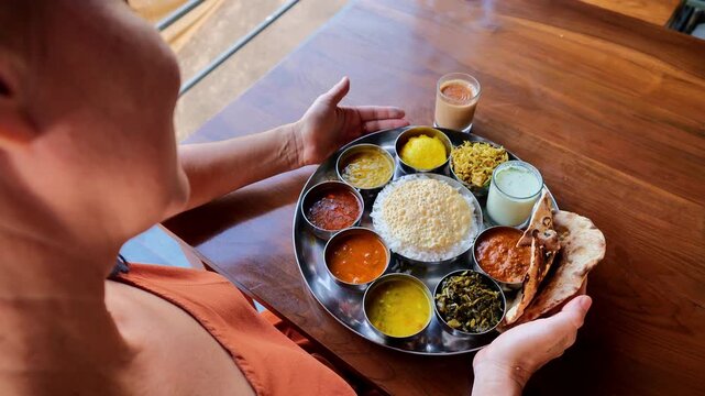 Indian thali food platter with rice curry dal naan papad yogurt and tea, woman praying before traditional meal on metal tray, cultural dining ritual and gratitude concept
