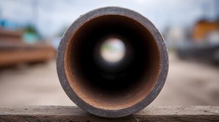 Looking through the dark rusty opening of a metal pipe in an industrial area