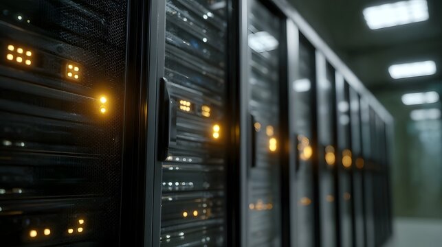 Close up view of a server rack filled with glowing amber status lights representing modern data center technology and computing power