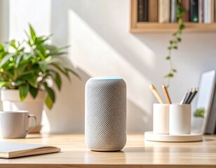 Naklejka premium Modern smart speaker with glowing light on wooden desk in sunlit room